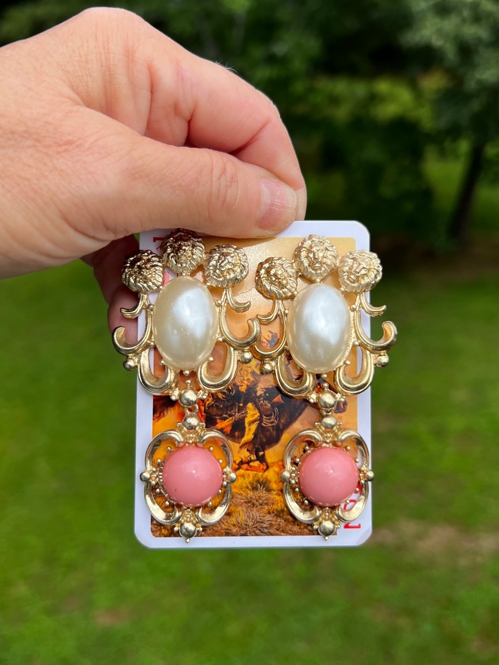 Vintage Inspired Lion Head Pearl Pink Statement Earrings